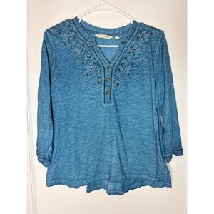 Soft Surroundings‎ Blue Embroidered Beaded Henley Tunic Top M beaded